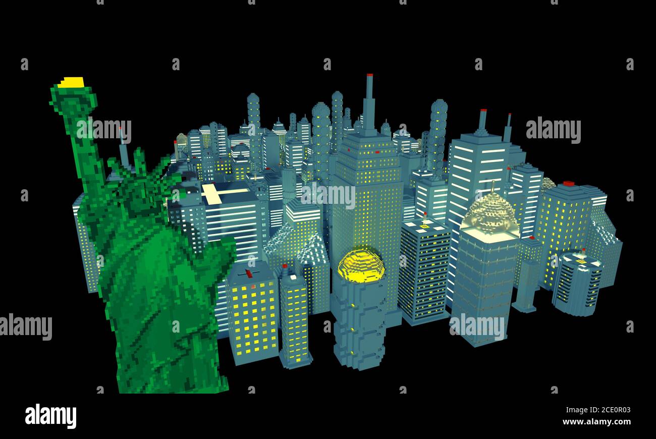 Close up of a neon New York city of pixel art bricks isolated on black background. 3D render illustration in isometric perspective with Statue of Libe Stock Photo