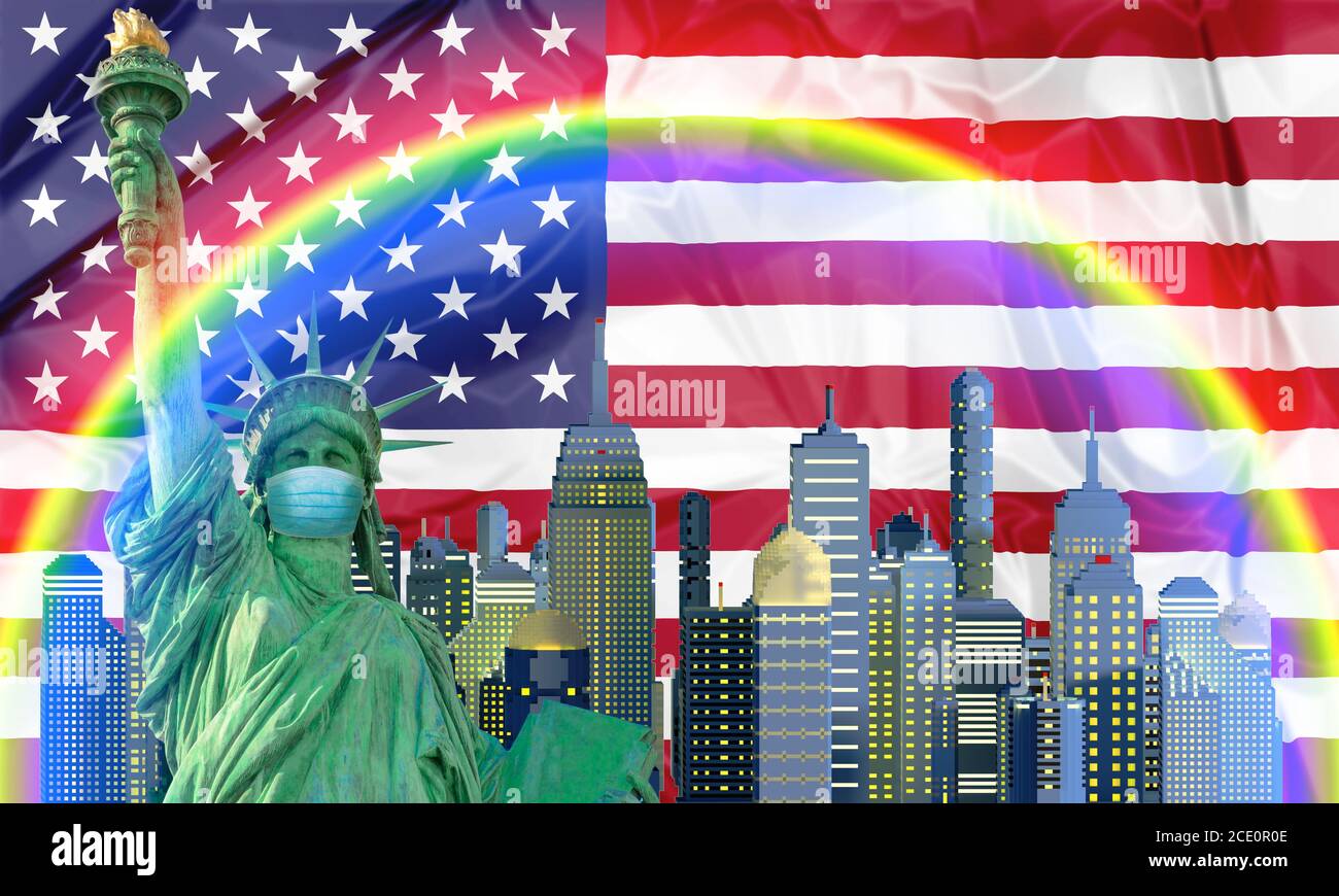 Surgical mask on Statue of Liberty in New York Coronavirus lockdown. Manhattan skyline on American Flag. United States Covid-19 pandemic. Rainbow mott Stock Photo