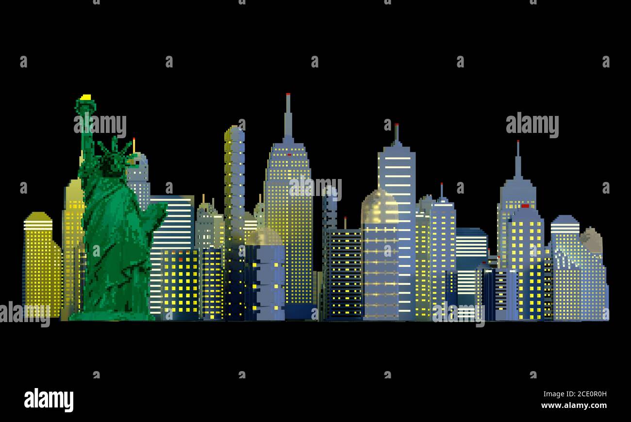 Close up of a neon New York city of pixel art bricks isolated on black background. 3D illustration in isometric perspective with Statue of Liberty. Stock Photo