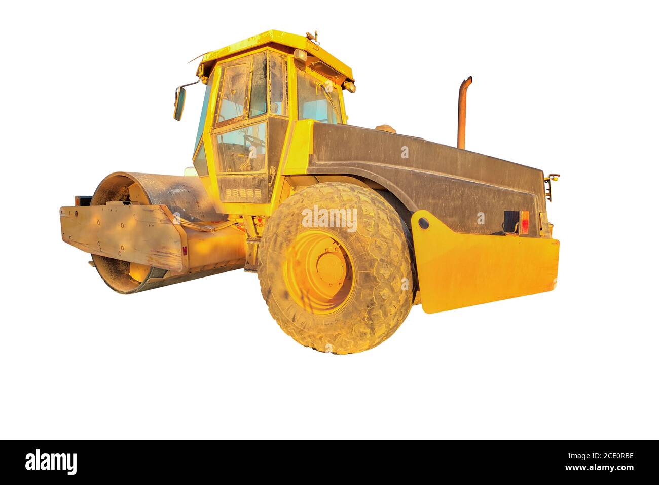 Perspective view of steamroller isolated on white background with copy space. Concept of work in progress. Stock Photo