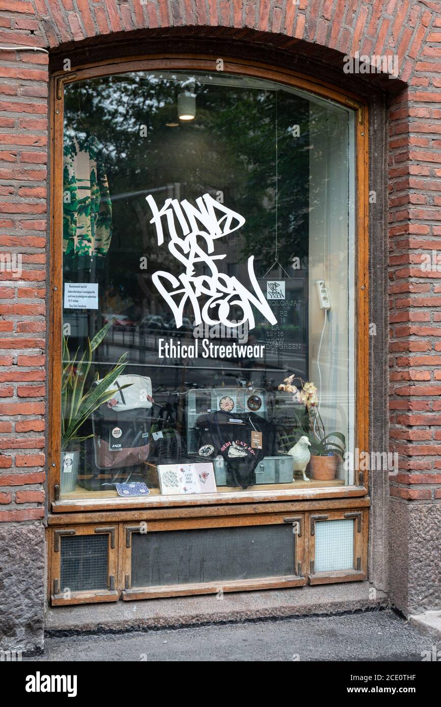 Kind of Green, ethical clothes store in Kallio district of Helsinki, Finland Stock Photo