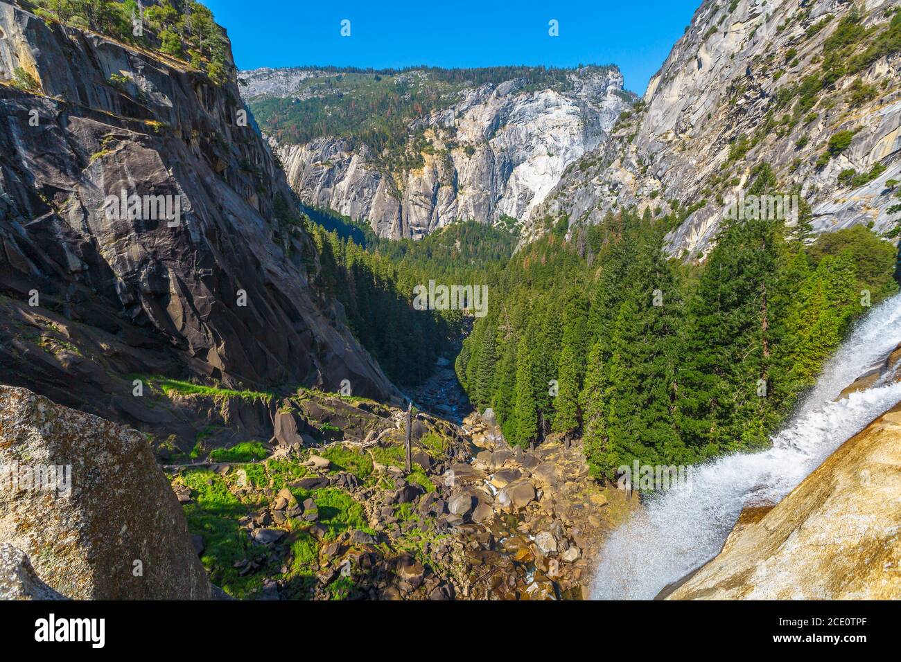 Vernal Falls top aerial view on Merced River Mist trail in Yosemite National Park. The beautiful waterfalls with rainbow of California, United States Stock Photo