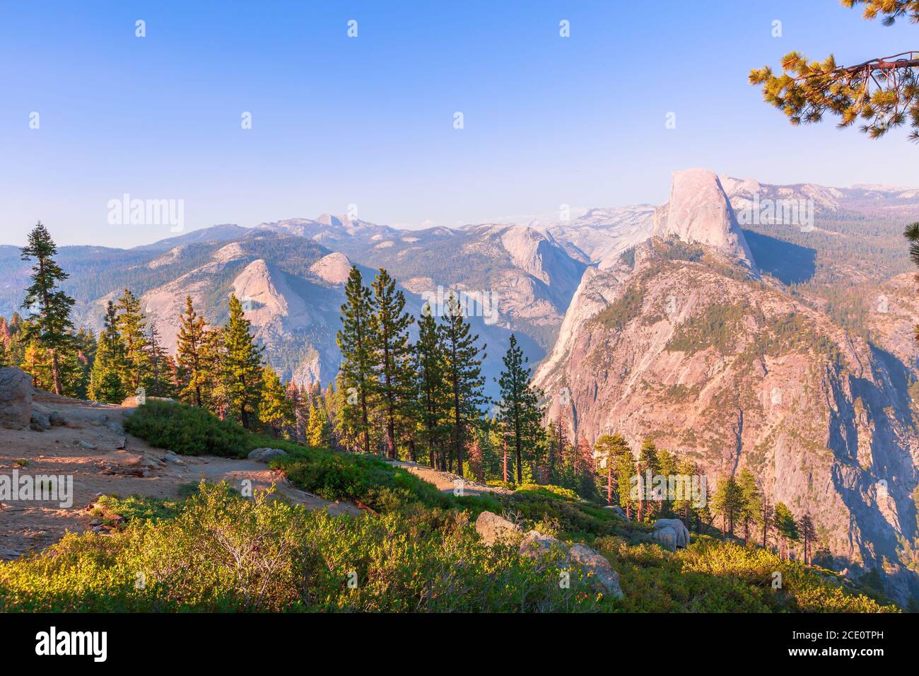 The aerial panorama of Washburn Point in Yosemite National Park, California, United States. View from Washburn Point: Half Dome, Liberty Cap, Yosemite Stock Photo