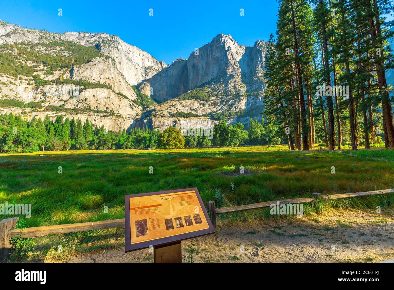 Yosemite, California, United States - July 24, 2019: Yosemite Falls from John Muir trail in Yosemite National Park. Summer travel holidays in Stock Photo