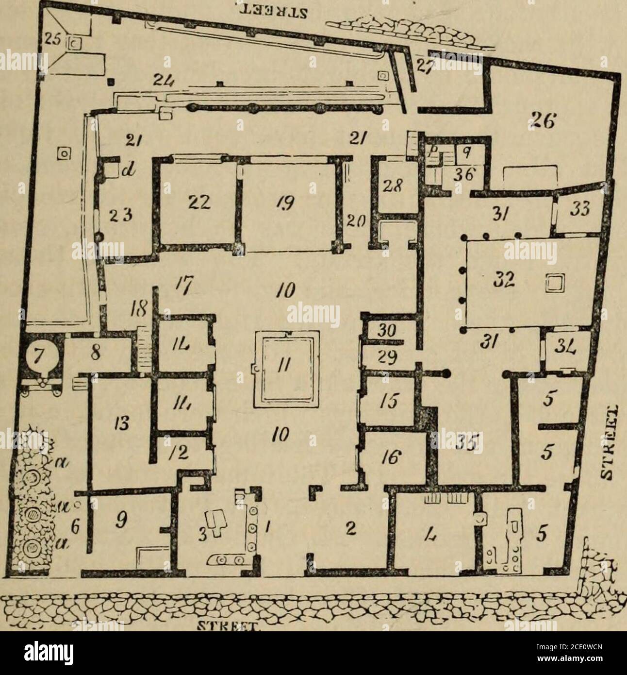 . Pompeii; its history, buildings and antiquities : an account of the destruction of the city, with a full description of the remains, and of the recent excavations and also an itinerary for visitors . he plan before us the apartments of the dwelling-house are almost all well shaped and rectangular, though notone of the four angles of the area is a right angle. 1. Prothyrum. 2. Large hall, serving as a vestibule, as ispretty obvious from its arrangement. In the comparativelyhumble edifices of Pompeii, the reader will not of courseexpect to find that splendid provision for the convenient HOUSES Stock Photo
