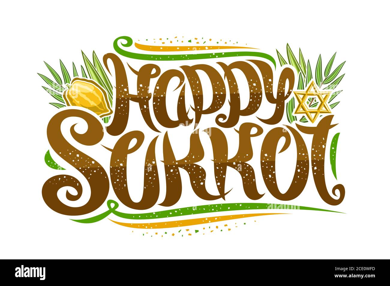 Vector greeting card for Jewish Sukkot, creative calligraphic font, decorative art flourishes, star of David and traditional four species, banner with Stock Vector