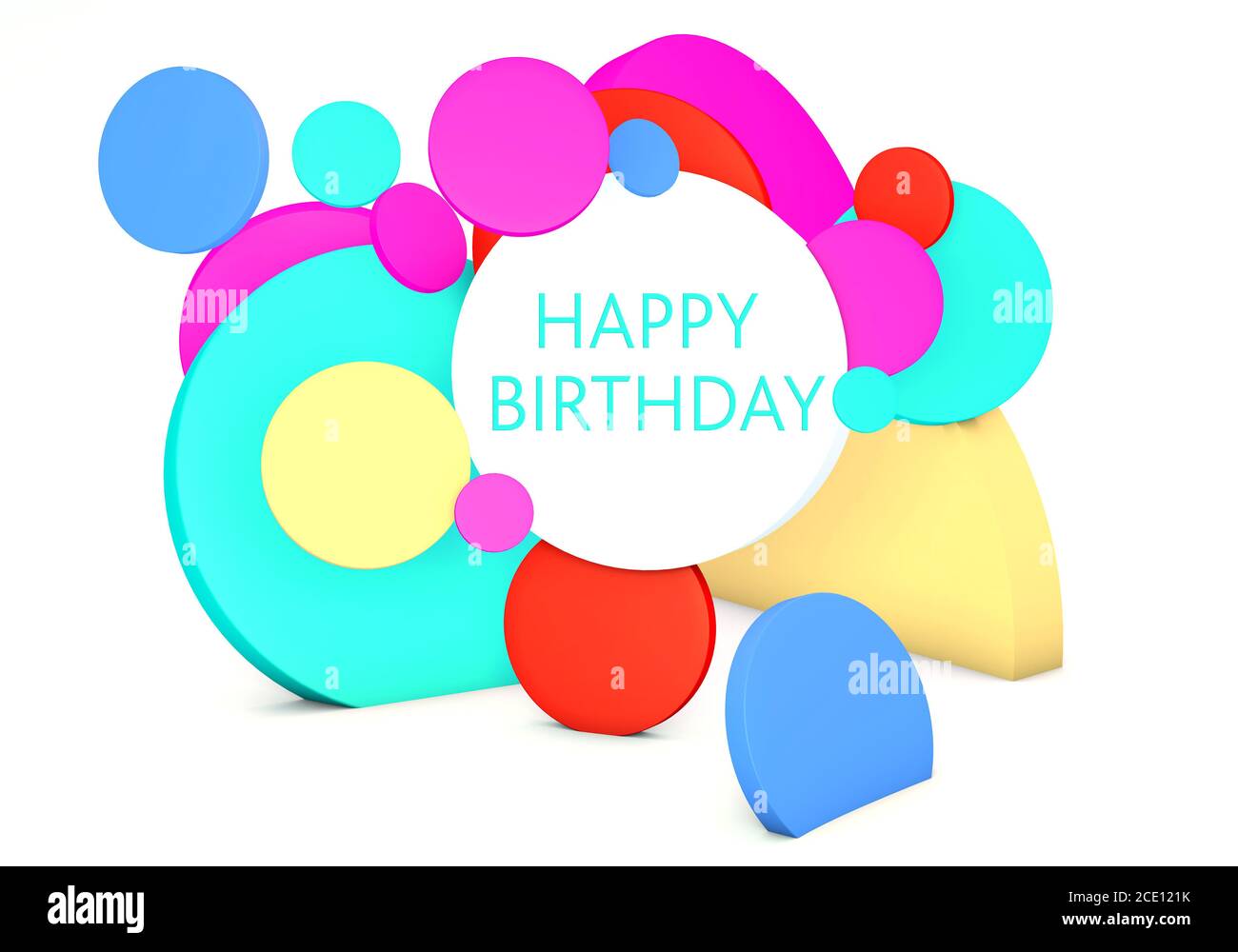 3d render of a series of 3d circles and spheres with a happy birthday message Stock Photo