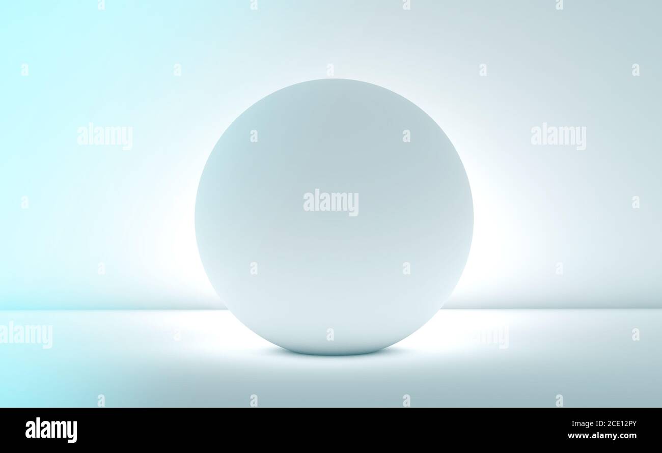 architectural installation or simple structural background of a sphere or circle in a white room with a bright light shining illuminating it from behi Stock Photo
