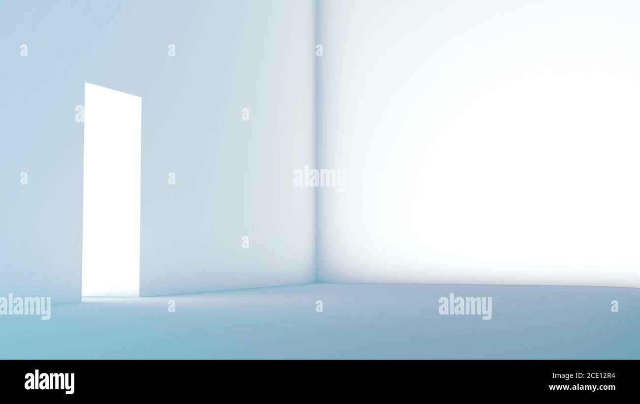 Architecture based 3d render of a bright light shining into a white room with lots of blank space and copyspace Stock Photo