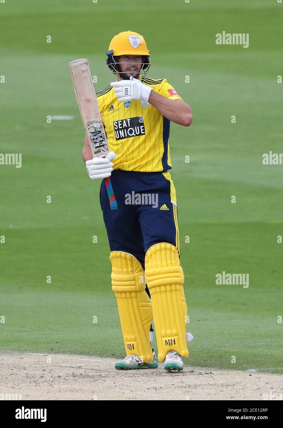 Hove, UK. 30th Aug, 2020. Hampshire's James Fuller batting during the Vitality Blast T20 match between Sussex Sharks and Hampshire at The 1st Central County Ground, Hove Credit: James Boardman/Alamy Live News Stock Photo