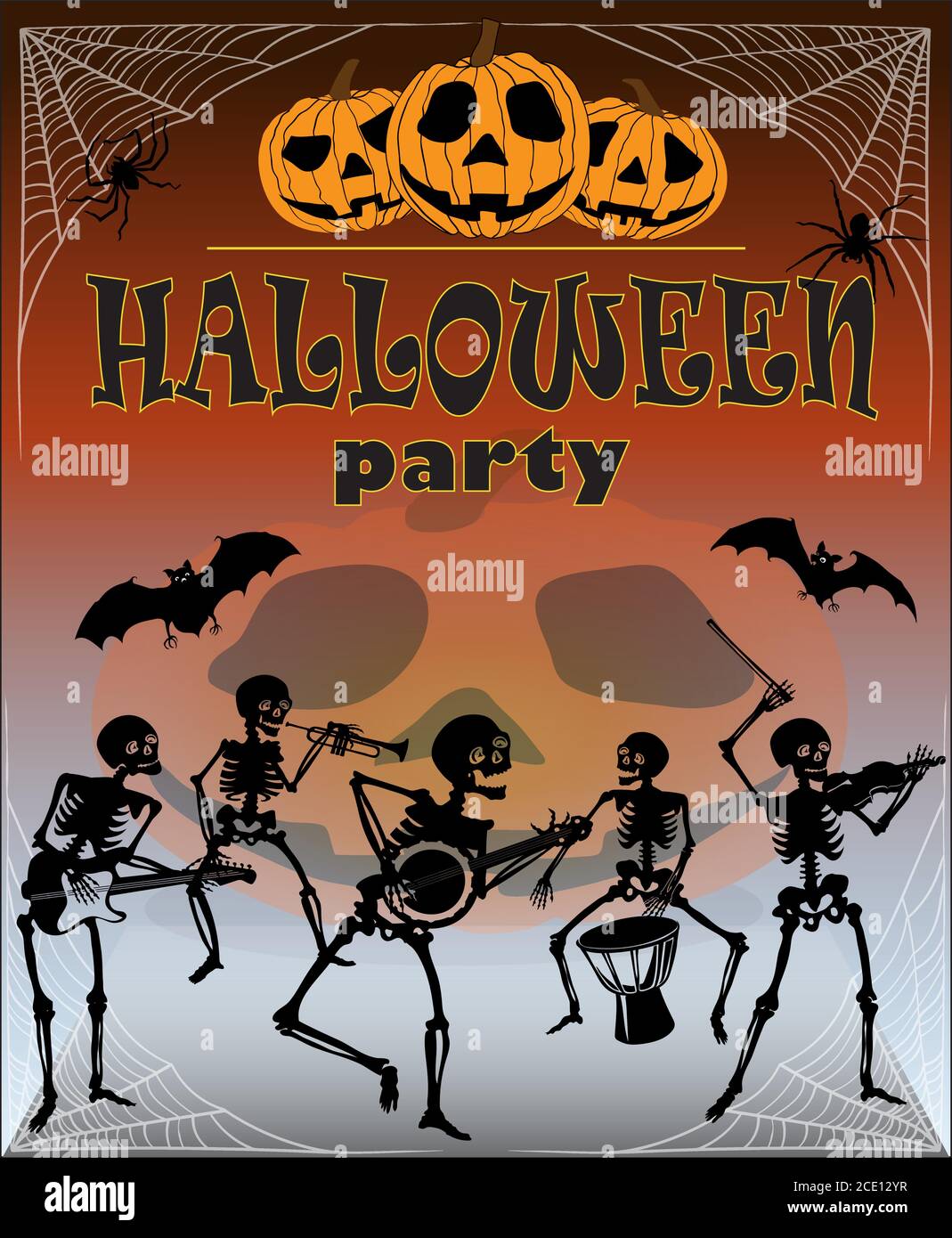 Halloween poster, skeleton, a party of skeletons, skull, illustration, symbol, stylized image, graphics, skull, head, vector, symbol, drawing, picture Stock Vector