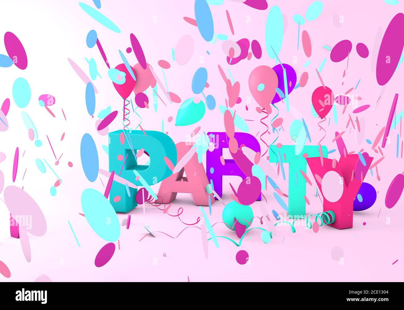 3d render of a party message with streamer, balloons and confetti Stock Photo