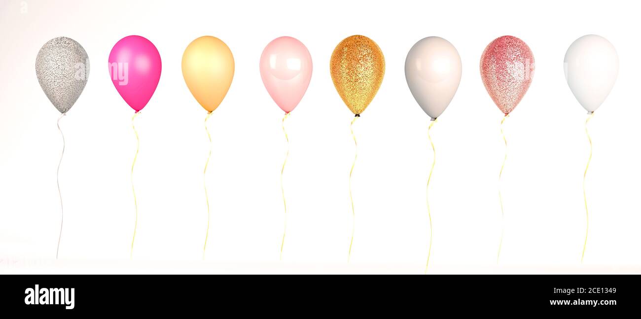 3d render of a pink, silver, gold and white metallic and sparkly glitter party balloons Stock Photo