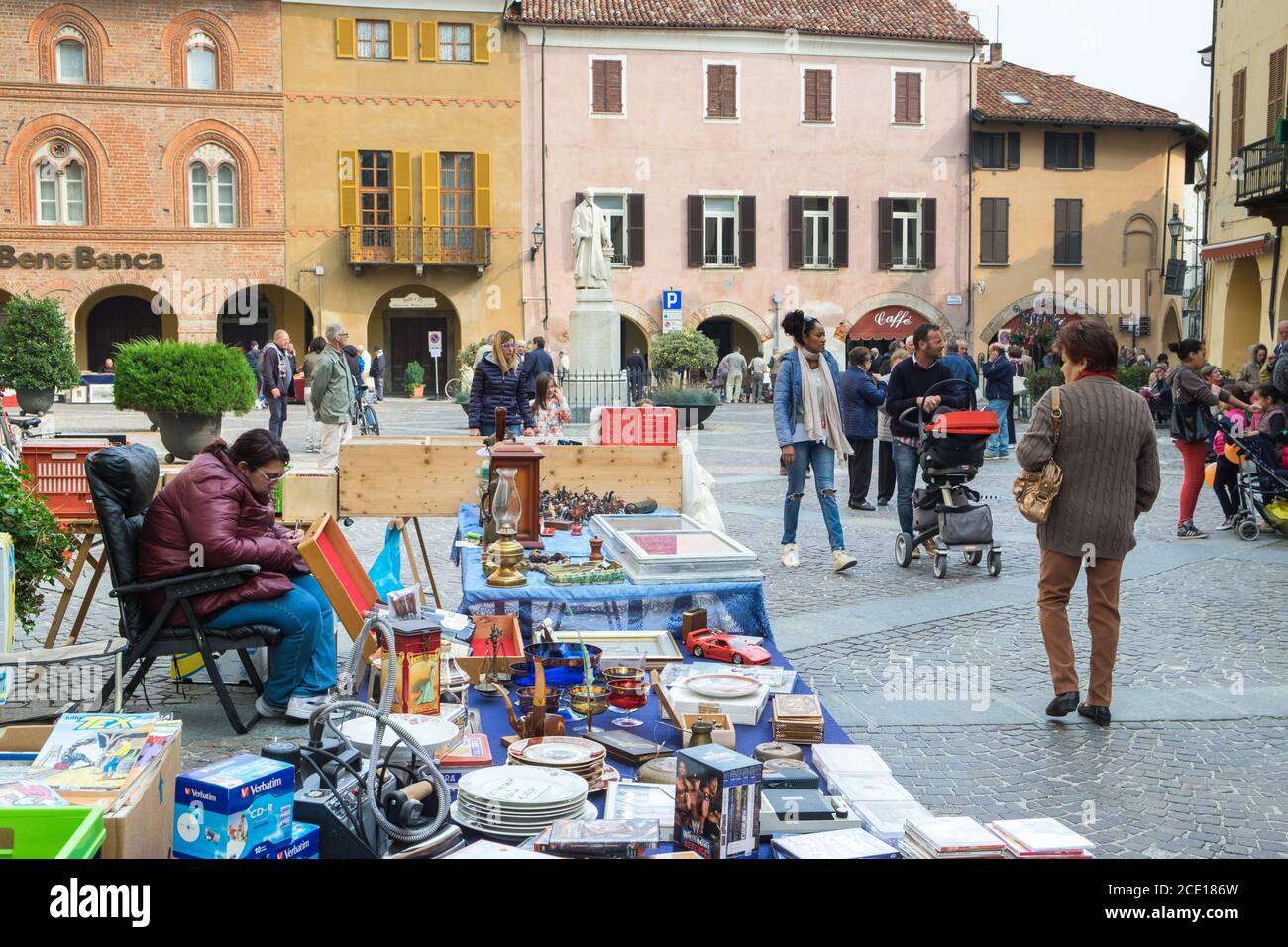 Antiques and collectable market in the small town of Bene Vagienna, Cuneo, Italy Stock Photo