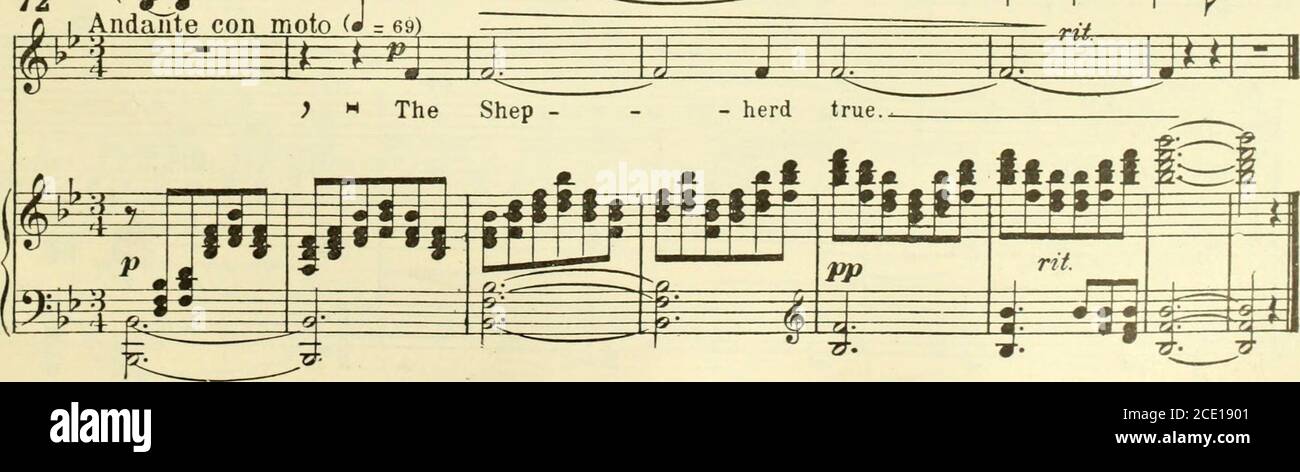 . Voice and song : a practical method for the study of singing . Lento e sostenuto (Jr 46) m 4*- i juyo r*Y. i ^e PP ^ p p f &gt;m Sweet, down-cast lids! ^Uj-. i rfl/W »I Sweet,si-lent lips!. ?JL t fe b2 3 s 3&gt; 5 £ i i» # * ? zm m TTl TTTt #—(^ i fc ^^^ dlmm colla voce • m% cat §13 3 *&gt; ^fafc 7) Moderato **/!*? ^ mezza voce Tjr 3IT in i *PLiiHy)ri|g t5^- I M Ah, Ar-abmaid,I dream in  vain! (J = 56) ^ rs ¥ ^S as i§3^£ £2 s ) CJ- .h j- x #p- S±t g ll 5E £ 0—3—© Andante con moto (J = 69) — n: TEE rpw^ ** 72. 176 VOICE AND SONG. 40 ( Nos. 73 to 75 are the examples of Recitativo referred to i Stock Photo