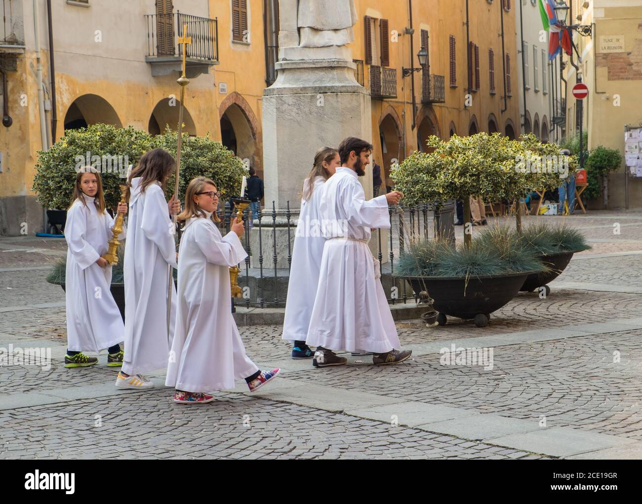 Catholic religious procession in the small town of Bene Vagienna, Cuneo, Italy Stock Photo