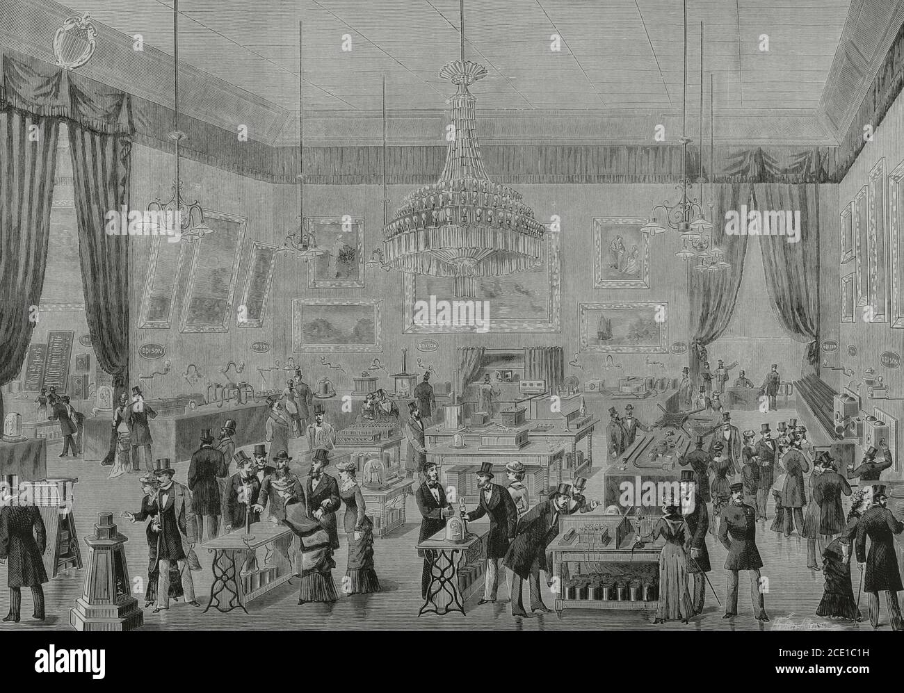 France, Paris. The first International Exhibition of Electricity, 1881. Held from August 15 through to November 15, 1881 at the Palais de l'Industrie on the Champs-Elysées. This congress was important to built the modern International System of Units, since ohm, ampere, coulomb and farad were defined on that occasion. Thomas Edison (1847-1931) special installation. Engraving. La Ilustracion Española y Americana, 1881. Stock Photo