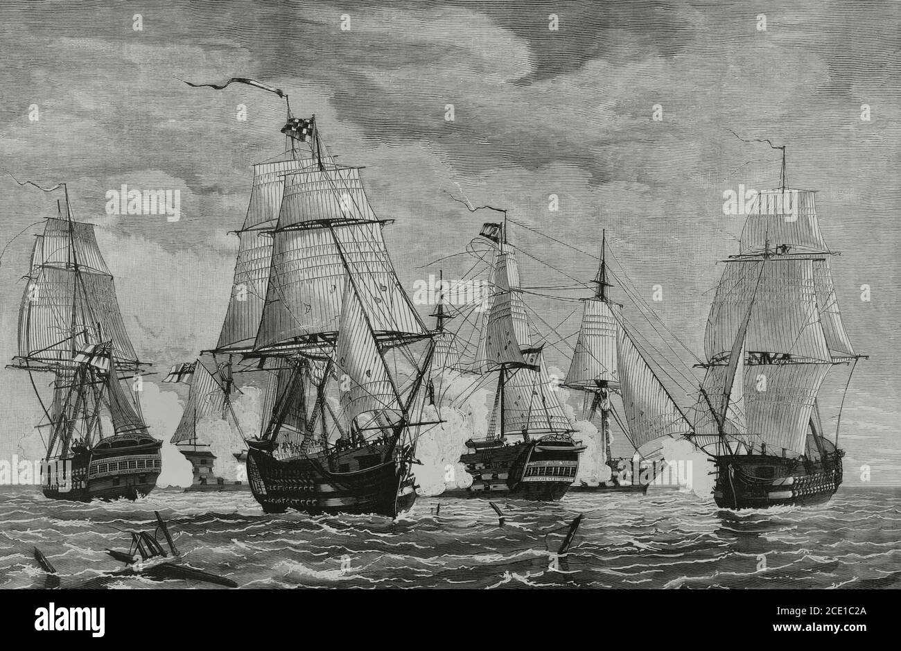 'Battle of Trafalgar'. The Spanish ship 'Principe de Asturias', bearing the insignia of the head of the Spanish Squadron, Admiral Federico Gravina, fighting against five English ships (October 21, 1805). Composition and illustration by Angel Cortellini. Engraving by Capuz. La Ilustracion Española y Americana, 1881. Stock Photo