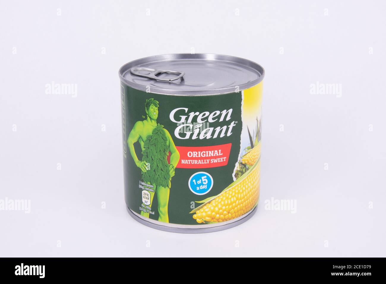 Close-up of tin of Green Giant corn, Surrey, England, United Kingdom Stock Photo