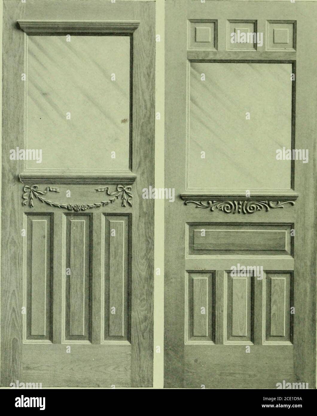 . Millwork catalogue : makers of the original patent dowelled doors, sash, blinds, fine interior finish, store and office fixtures, bank counters, dealers in lumber, etc . ?^?sggRHSB*3^ T7 T! ? I i Fig. 148 Fig. 149. Thickness Figure i is Figure it.i Size Price open PriceGlazedPlain Price (&gt;pen PriceBlazedPlain 2- 8 x 6- 8 1% $7.80 $ ..TO $ 8 35 SIO.7.-. 2-8x7- 0 9.25 11.65 9.80 12.50 2-10 x 6-10 • 8.95 l 1.35 9.50 12.05 2-10 x 7- 0 9.55 12.05 10.05 12.75 3- 0x7-0 • 9 70 12.40 1().L&gt;- 13.20 For Doors 1% inch thick add the difference in the list as shown on page 69. THE ROCKWELL MANUFACTU Stock Photo
