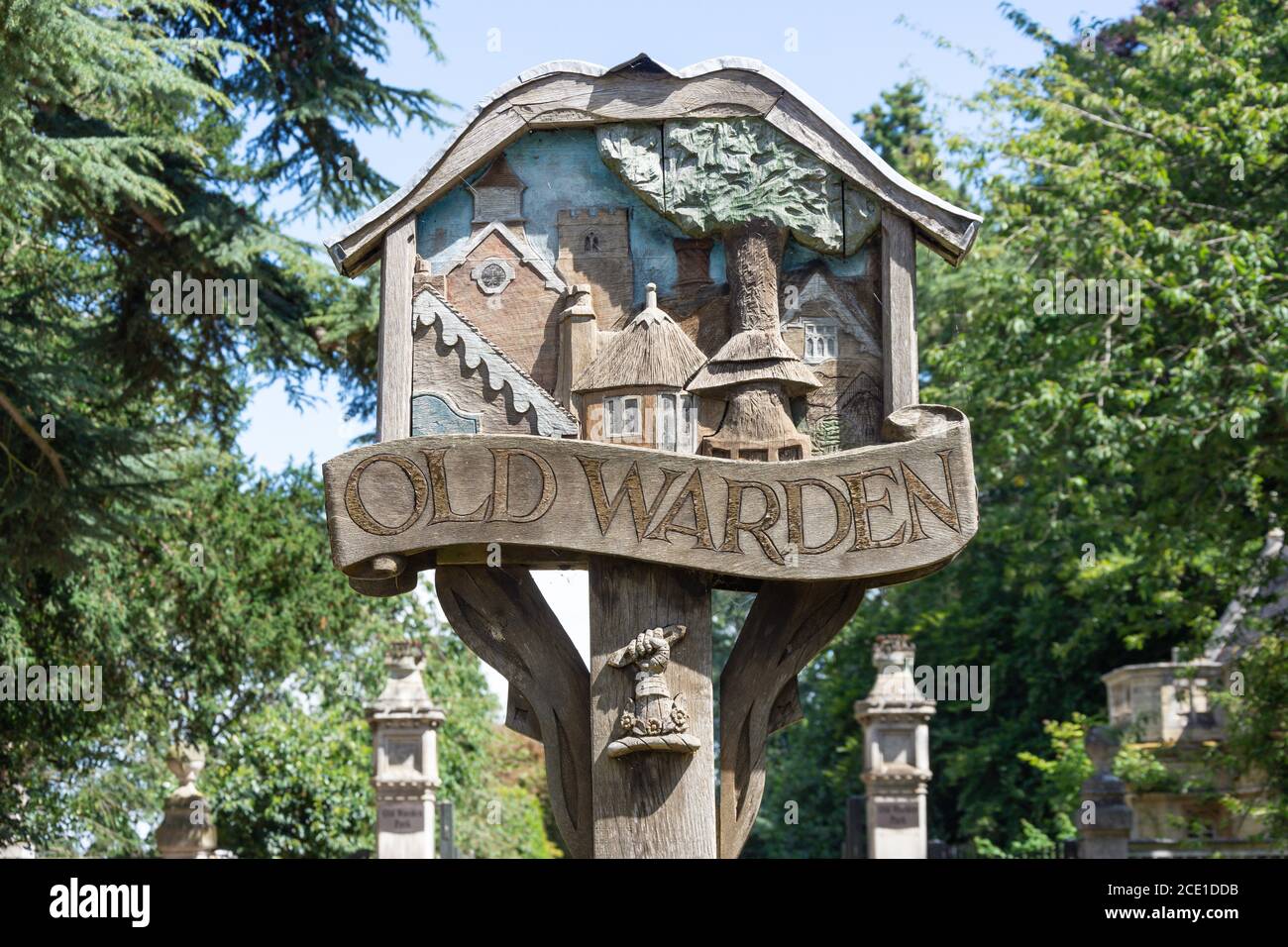 Village sign, Old Warden, Bedfordshire, England, United Kingdom Stock Photo