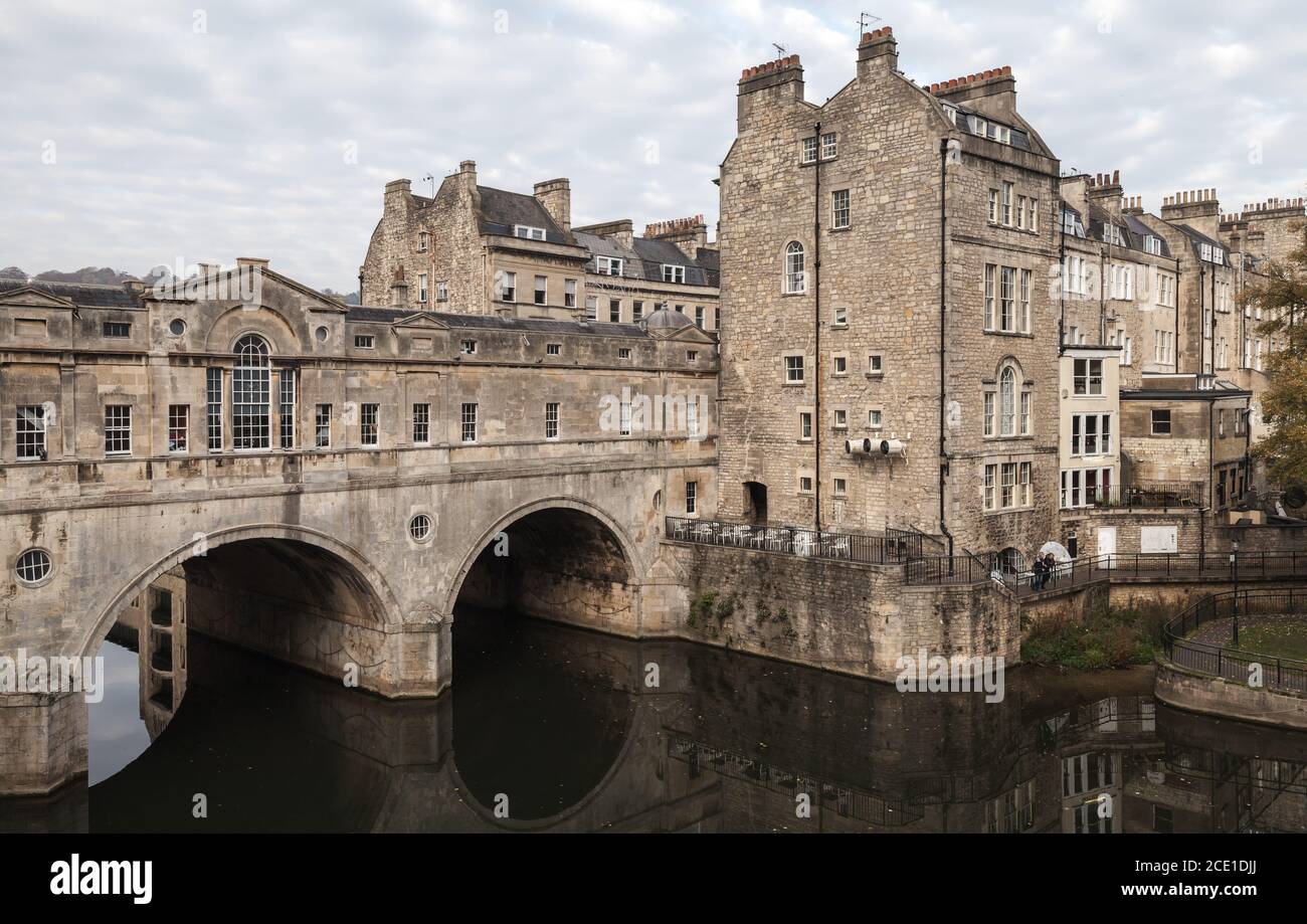 Bath, United Kingdom. Old town view with the 18th century Pulteney Bridge, designed by Robert Adam Stock Photo
