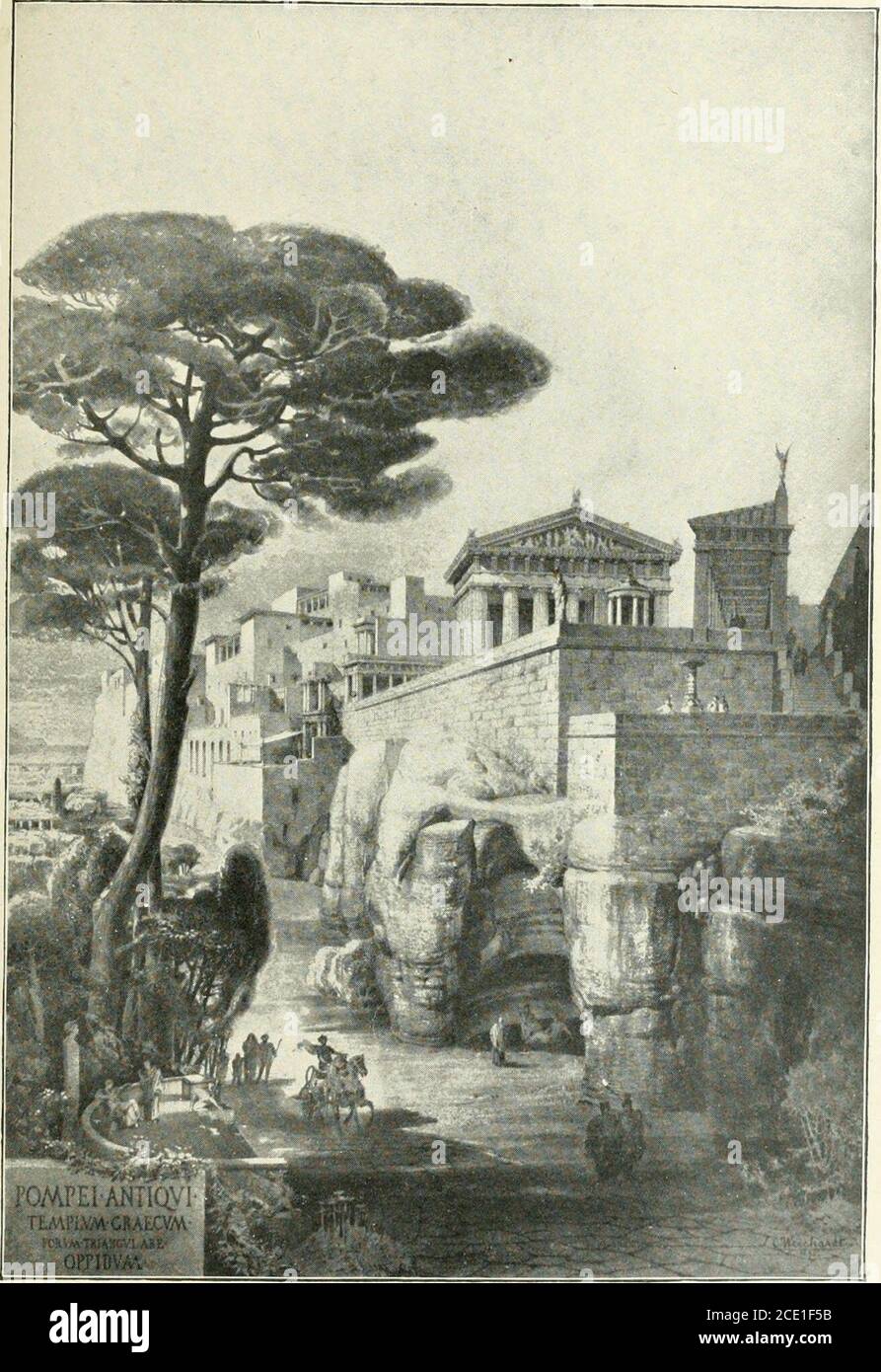 . Pompeii : its life and art . y? x. to the be ? i it, i. THE FORUM TRIANGULARE 129 double door with strong bolts, inside of which was still a seconddoor. It seems odd that one entrance should be so securelyclosed, while the fastenings of the other were so light. Ordi-narily, the large doors must have been kept shut, while thesmall entrance was left open for everyday use ; but when therewas to be a play in the Theatre, and the magistrate who gavethe entertainment proceeded from the Forum with a retinue infestal attire, then the great doors were swung back in honor of Stock Photo