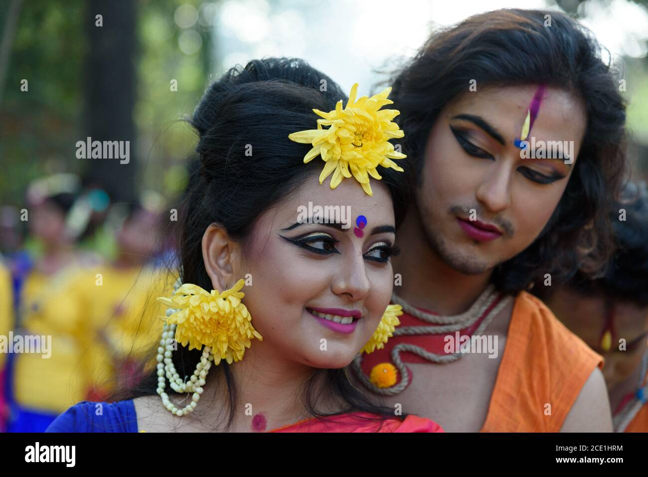 Young Indian people celebration Holi festival in India. Stock Photo