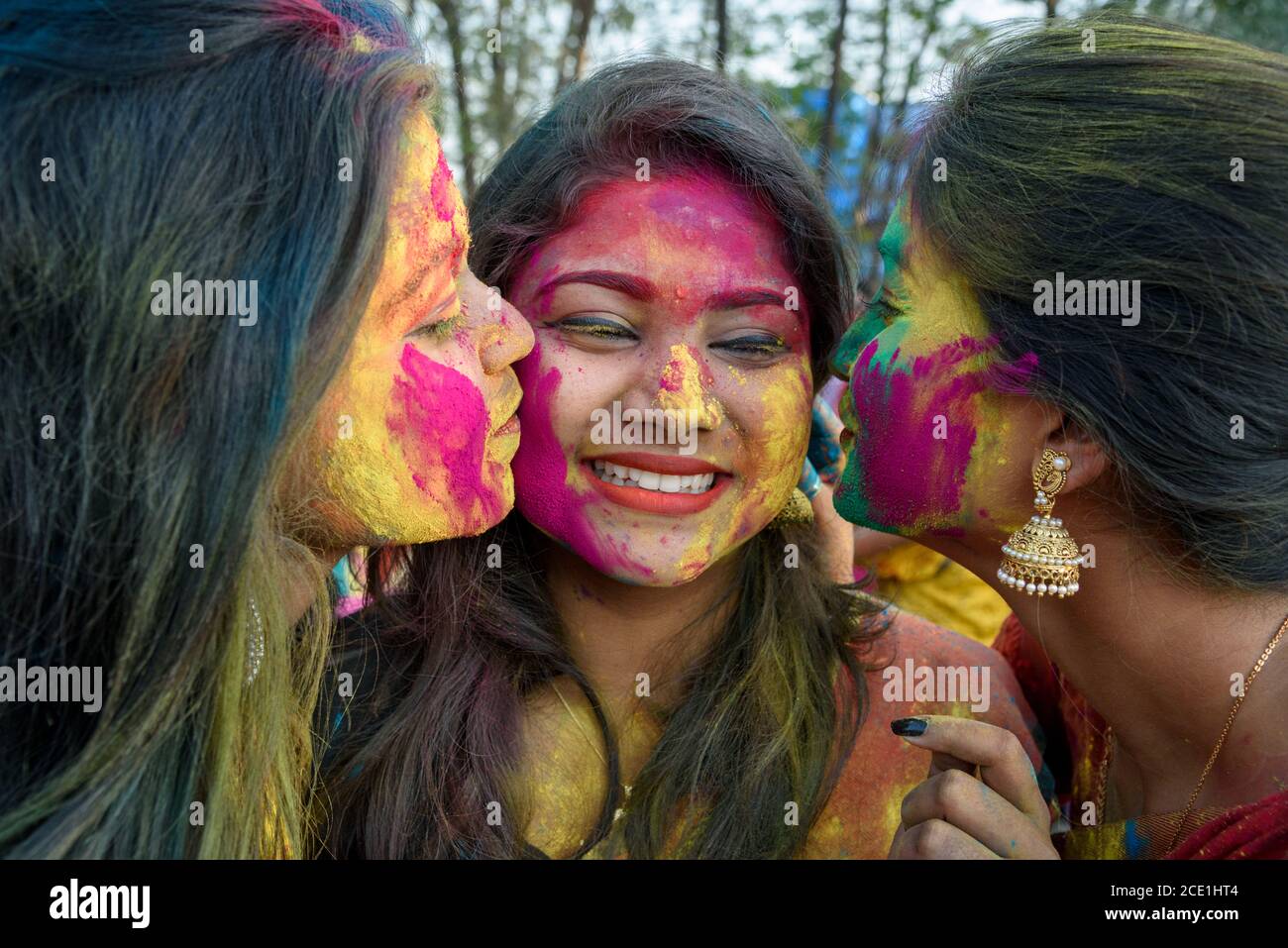 Young Indian people celebration Holi festival in India. Stock Photo