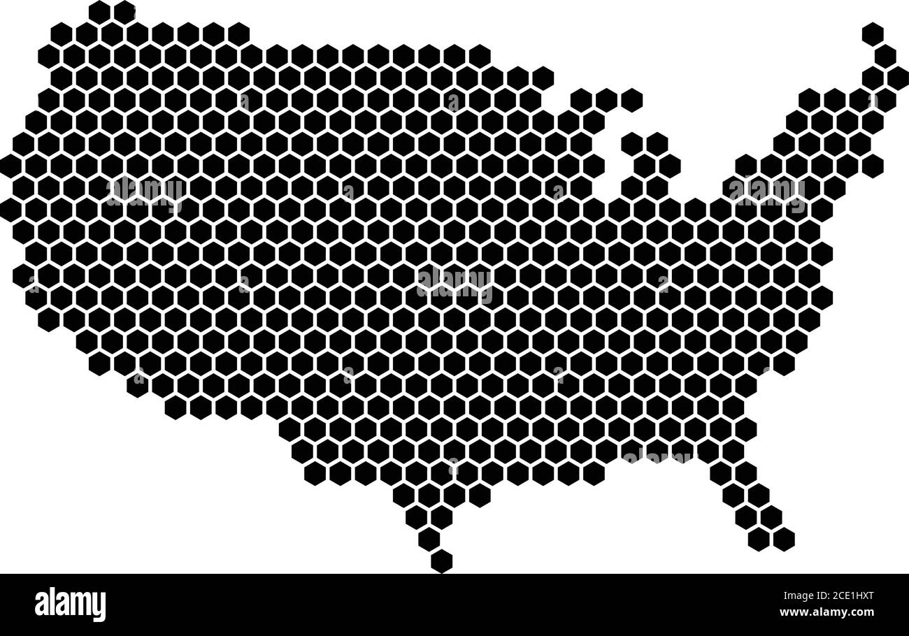 Hexagonal mosaic in a shape of USA map. Black vector illustration. Stock Vector
