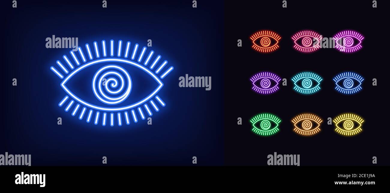 Neon hypnotic eye icon. Glowing neon eye sign with spiral iris, mesmeric vision in vivid colors. Mystic sight and suggestion, hypnosis, witchcraft. Ic Stock Vector