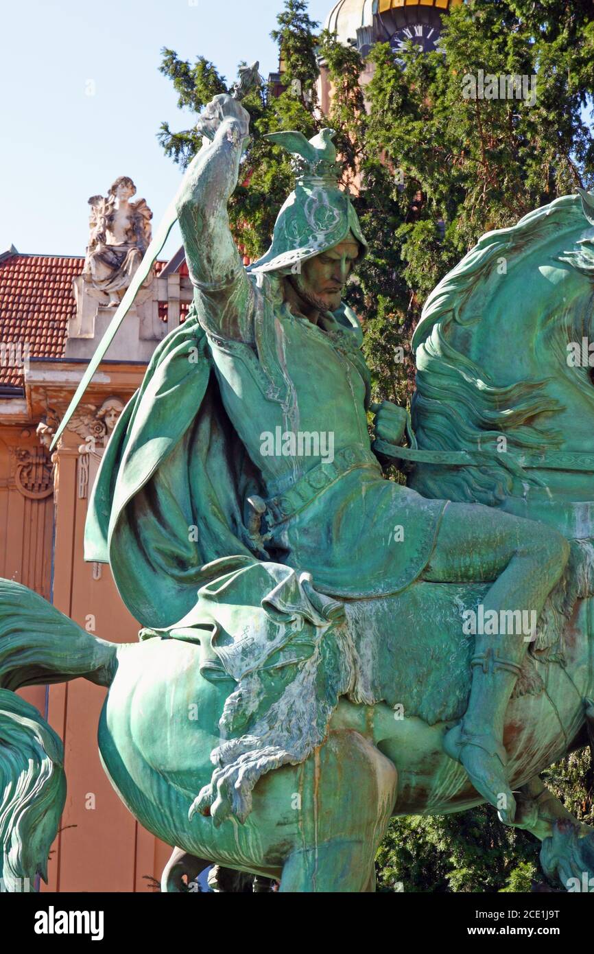 ZAGREB, CROATIA - JULY 28, 2020: Detail of sculpture St George Killing ...