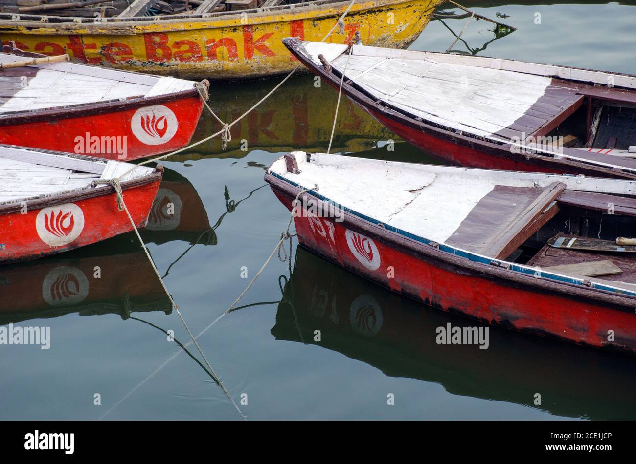 boat pattern reflection on ganges river at varanasi india abstract photography Stock Photo