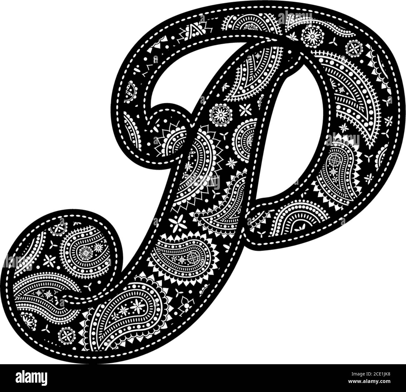capital letter P with paisley pattern design. Embroidery style in black color. Isolated on white Stock Vector