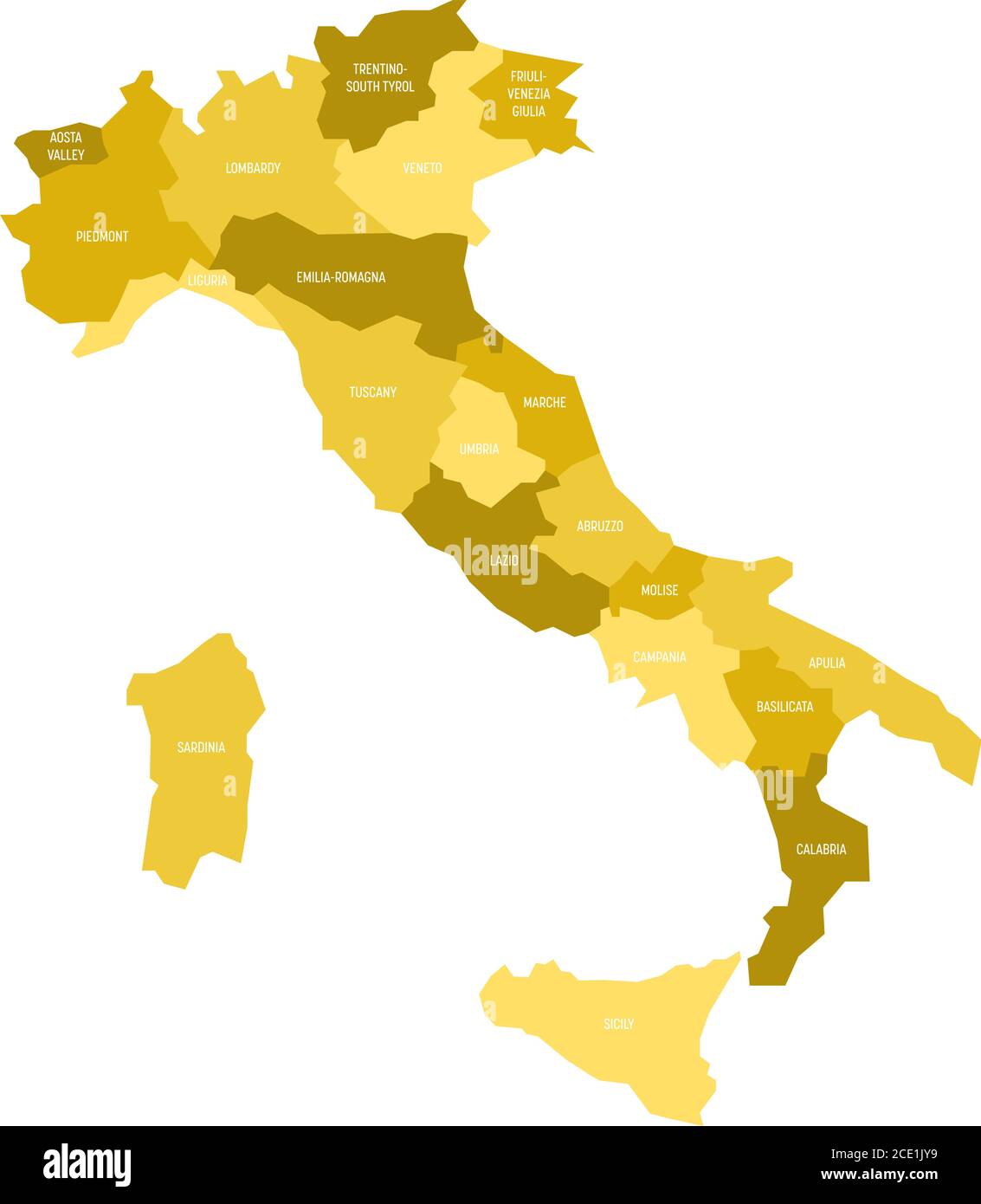 Map of Italy divided into 20 administrative regions in four shades of yellow. White labels. Simple flat vector illustration. Stock Vector