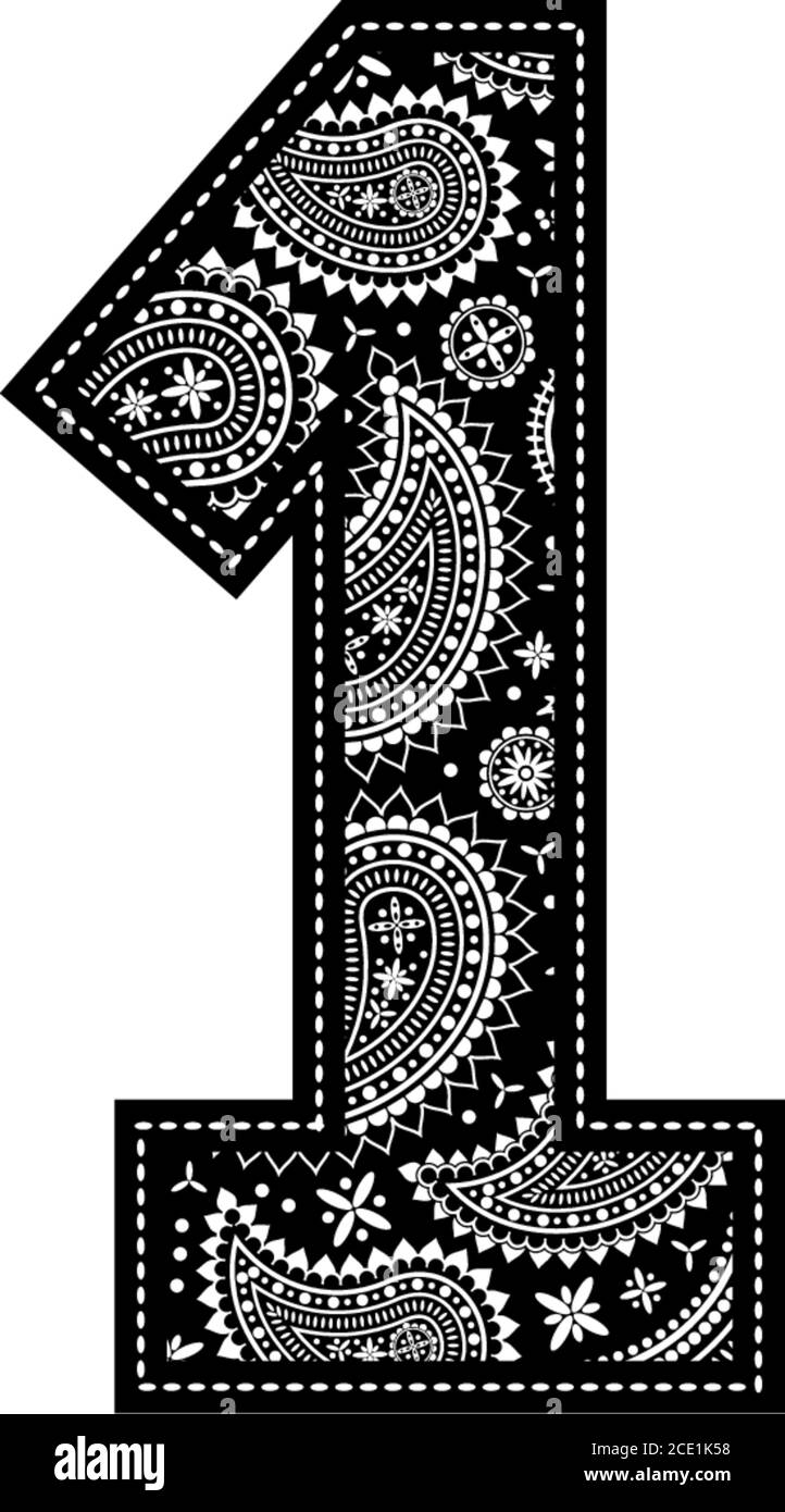 number 1 with paisley pattern design. Embroidery style in black color. Isolated on white Stock Vector