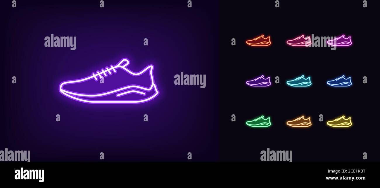 Neon sneaker icon. Glowing neon sneaker sign, sport shoe in vivid colors. Fashion running footwear, night fitness marathon, online shopping. Icon set, Stock Vector