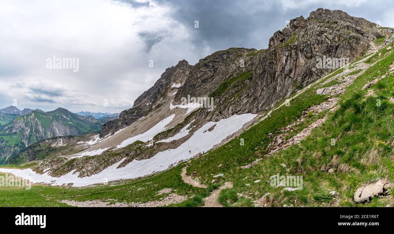 Fantastic hike to the mountain lake Schrecksee near Hinterstein in the Allgau Alps in Bavaria Stock Photo