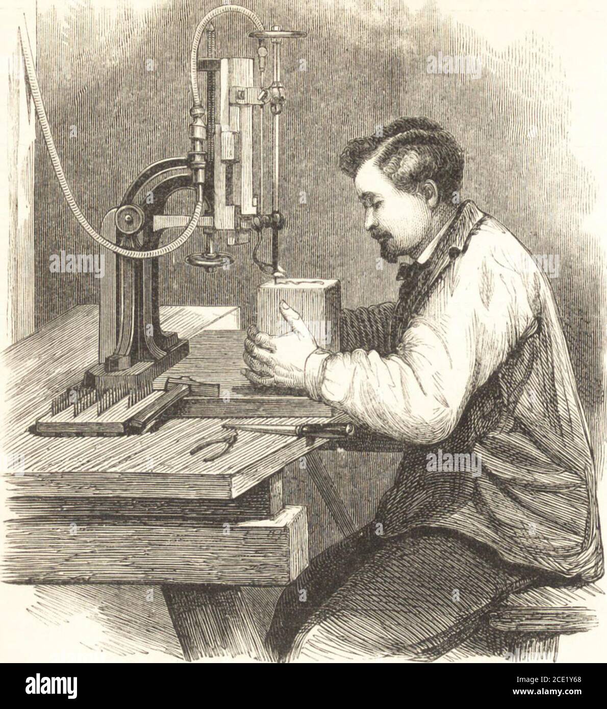 . A practical handbook of dyeing and calico-printing. With eleven page-plates, forty-seven specimens of dyed and printed fabrics, and thirty-eight woodcuts . BBS ?BKlBB^ff MMBMBMBMMWMMWBB^MMMMWMB Plal ? VI.. Gas-process for Engraving Blocks for Printing. The graving-tool is heated to redness by means of a small gas-burner, and destroys all partsof the surface except those to be left in relief. Stock Photo