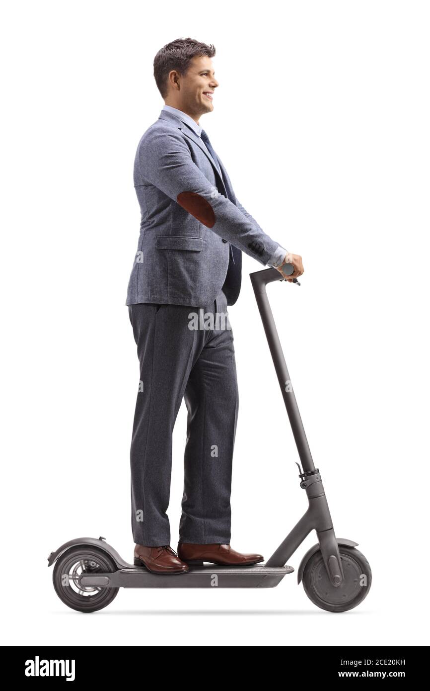 Man riding an electric scooter to work isolated on white background Stock  Photo - Alamy