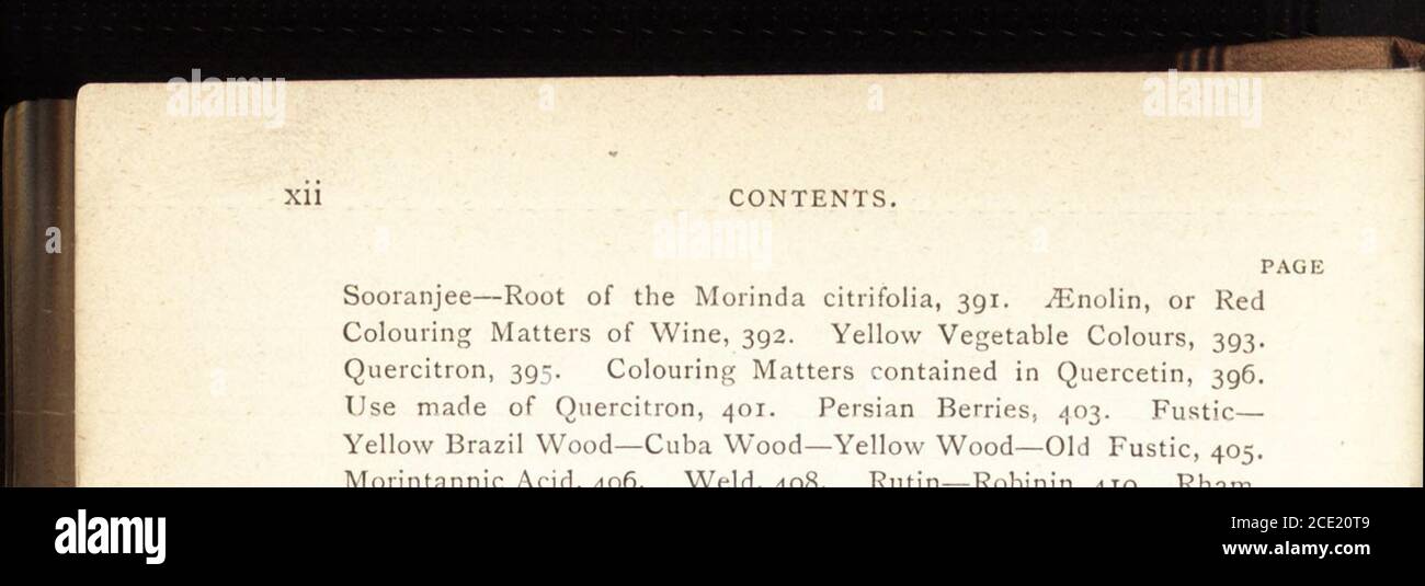 . A practical handbook of dyeing and calico-printing. With eleven page-plates, forty-seven specimens of dyed and printed fabrics, and thirty-eight woodcuts . Colours—A. Red Lakes—Madder Lake,365. Lakes of the Red Woods—Cochineal Lakes—B. Blue Lakes—C. Green Lakes, 366. D. Yellow and Orange Lakes—Annatto Lakes—Fustic Lakes—Aniline Lakes—Colouring Matters Derived fromLichens, 367. Chemical History of the Colouring Matters ofLichens, 369. Erythric Acid—Erythrine, 370. Picrocrythine, 371.Orsellic or a-Orsellinic Acid—Lecanoric, Diorsellic, a-Orsellic Acid,or Lecanorine, 372. Rocellinine—Parelline, Stock Photo