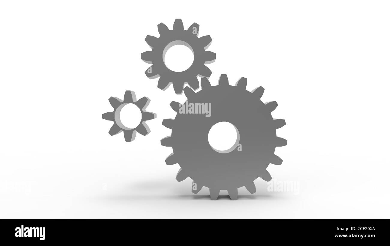 Three metal silver gears on a white background hd. 3d rendering Stock ...