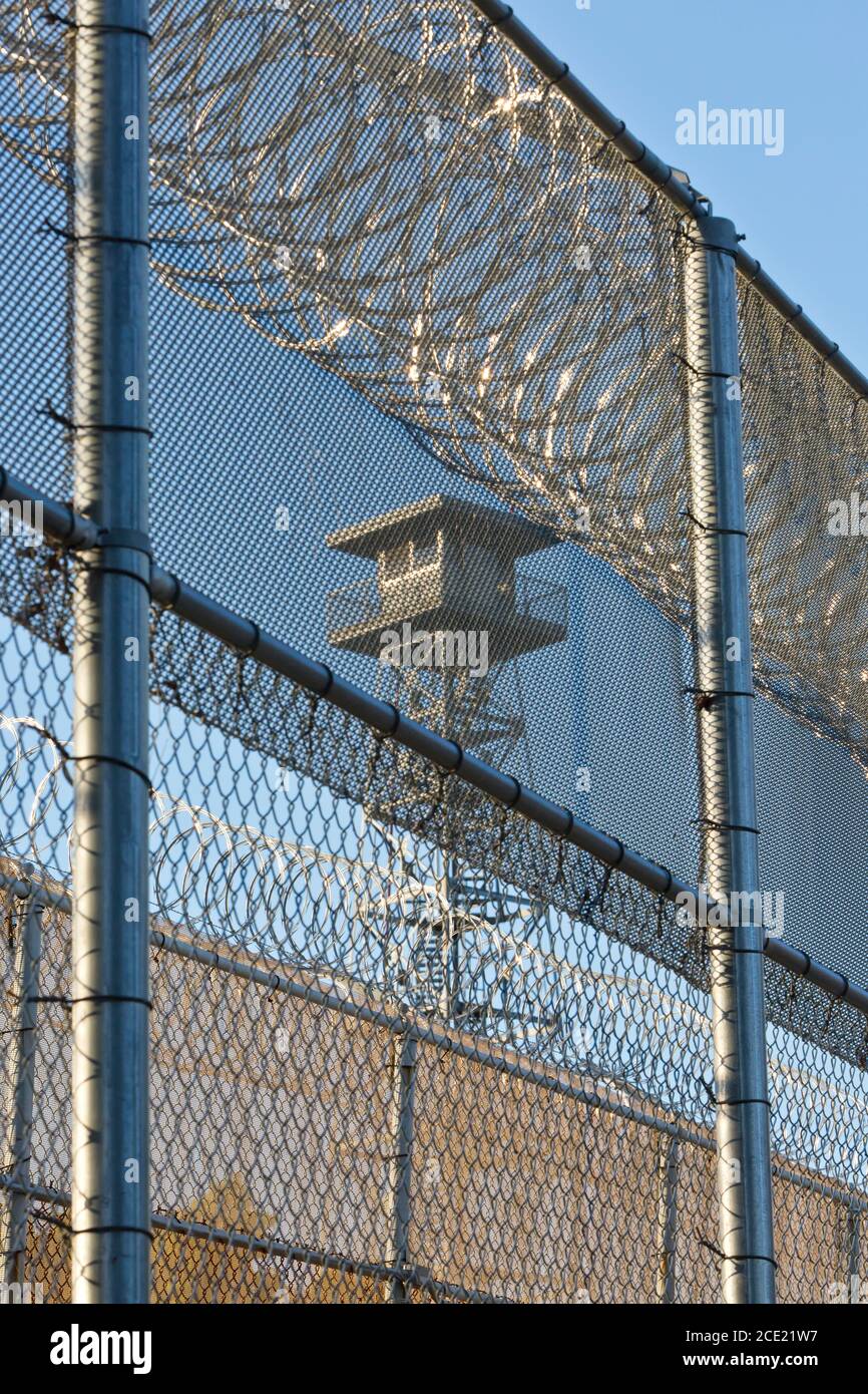 Security fence & watchtower, prison facility, Preston School Of Industry reform school. Stock Photo