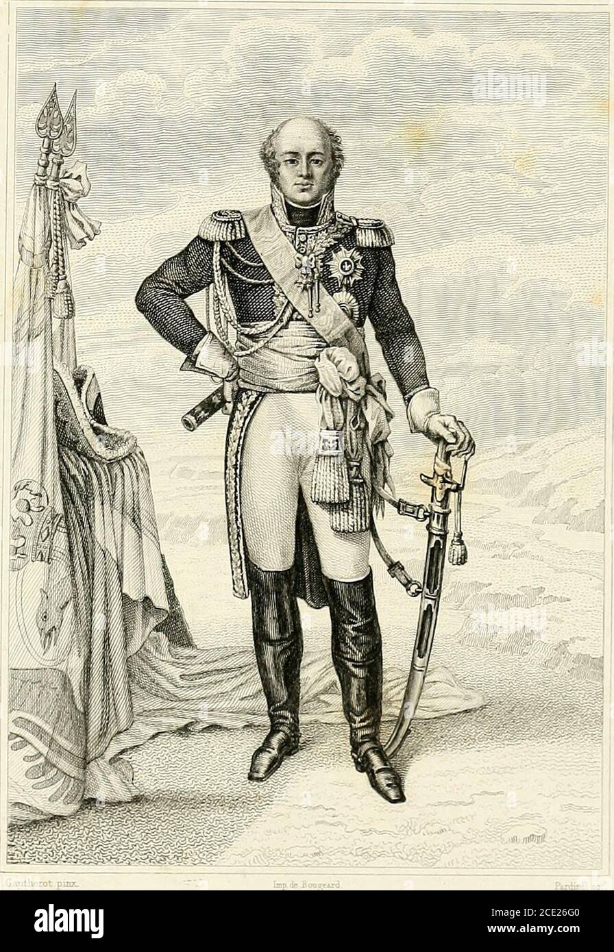 . Musée de Versailles : avec un texte historique . DAVOUST -gsiJO 90000 Davoust (Louis-Nicolas), duc dAuerstaedt, prince dEckmùhl, pair etmaréchal de France, né à Aunoux (Yonne), le ro mai 1770, dune famille noble,entra très jeune à lécole dAuxerre, puis à celle de Paris, où il devint le cama-rade de Bonaparte, et fut créé sous-lieutenant en 1787. Quand la révolutioneut éclaté, il partit comme volontaire, malgré les principes monarchiques deses parents, se trouva des premiers au camp de Maulde en qualité de chef debataillon, et fit la campagne de Belgique avec Dumouriez, qui lui conféra legrad Stock Photo