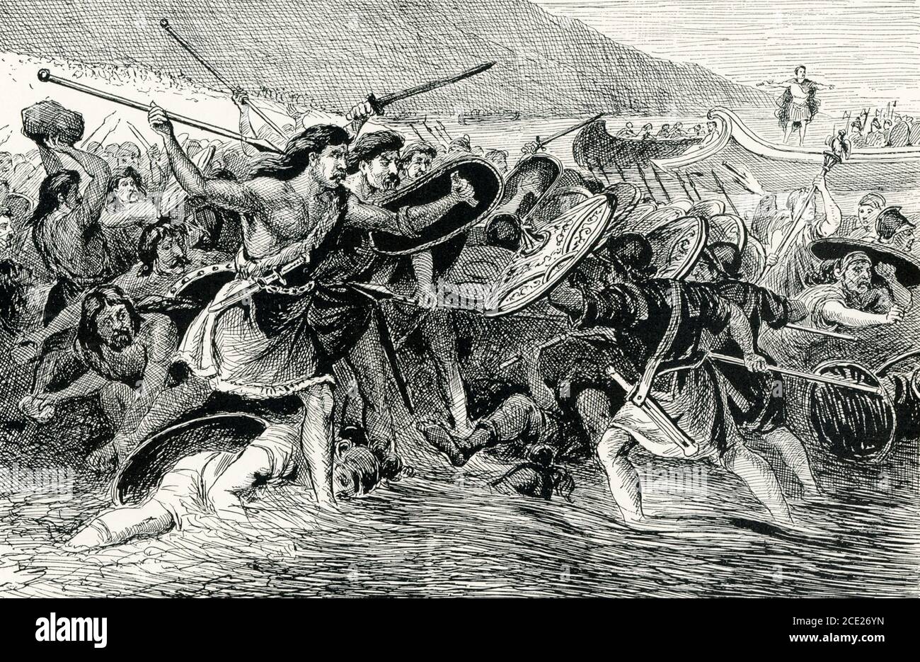 Caesar Landing in Britain. Julius Caesar carried Roman arms into wild regions where they had never penetrated before. The first historical notice we have of Britain is that in which Caesar himself tells of his invasion there in 55 B.C. The savage tribes rushed down to the shore to meet his soldiers, and charged even out into the water with spears and clubs, or coming barehanded, seized rocks and hurled them at the invaders. The desperate though unorganized resistance which he everywhere met prevented Caesar from making any lasting conquest of the brave islanders. Stock Photo