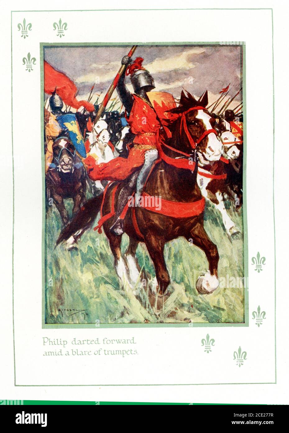 The caption reads: Philip darted forward amid blare of trumpets Philip Augustus and Louis VIII at Battle of Bouvines. The Battle of Bouvines (July 27, 1214) gave a decisive victory to the French king Philip II Augustus over an international coalition of the Holy Roman emperor Otto IV, King John of England, and the French vassals-Ferdinand (Ferrand) of Portugal, count of Flanders, and Renaud (Raynald) of Dammartin, count of Boulogne. The victory enhanced the power and the prestige of the French monarchy in France and in the rest of Europe Stock Photo