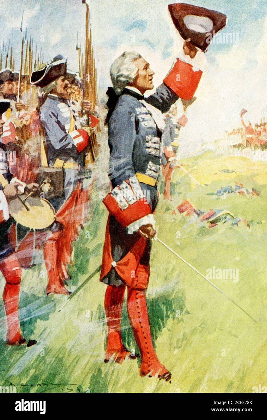 The caption reads: Fire gentlemen of England In time of Louis XV Battle of Fontenoy 1745. The Battle of Fontenoy (May 11, 1745) was a major engagement of the War of the Austrian Succession, fought between the forces of the Pragmatic Allies (mainly Dutch, British, and Hanoverian troops, as well a relatively small contingent of Austrians under the command of the Duke of Cumberland) and a French army under the command of King Louis XV of France, with actual field command held by Maurice de Saxe, commander of Louis XV's forces in the Low Countries. Stock Photo