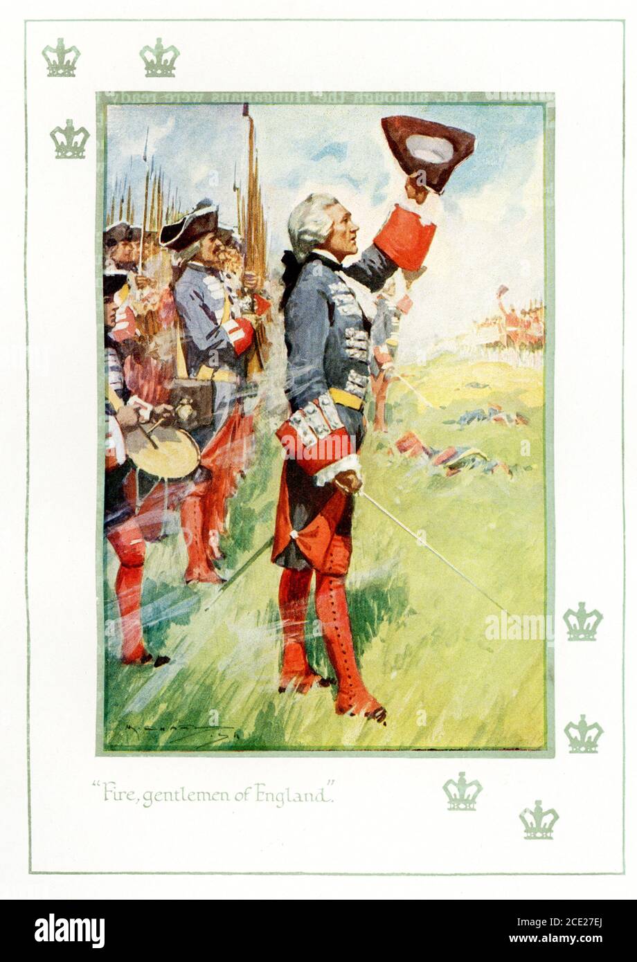 The caption reads: Fire gentlemen of England In time of Louis XV Battle of Fontenoy 1745. The Battle of Fontenoy (May 11, 1745) was a major engagement of the War of the Austrian Succession, fought between the forces of the Pragmatic Allies (mainly Dutch, British, and Hanoverian troops, as well a relatively small contingent of Austrians under the command of the Duke of Cumberland) and a French army under the command of King Louis XV of France, with actual field command held by Maurice de Saxe, commander of Louis XV's forces in the Low Countries. Stock Photo