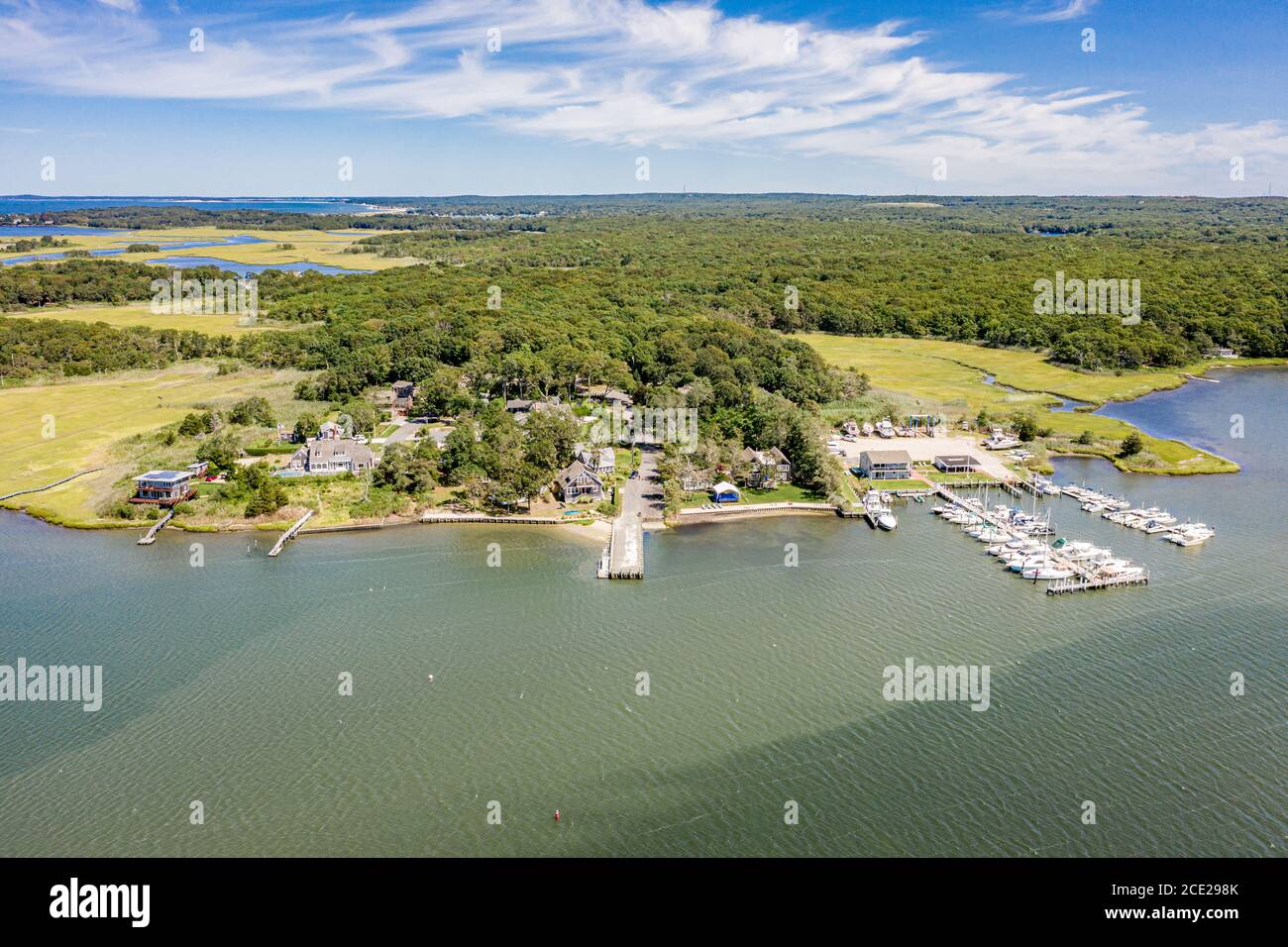 aerial view of the Bullhead Yacht Club and surrounding area in Southampton, NY Stock Photo