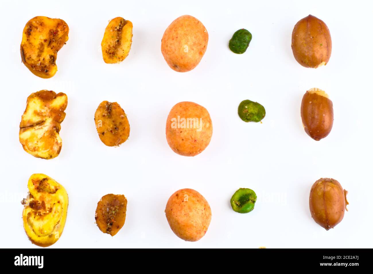 Close-up a Mexican mixed snack food composed of peanuts, Peas, Cracker nuts, broad beans, salted and seasoned with chili peppers powder Stock Photo